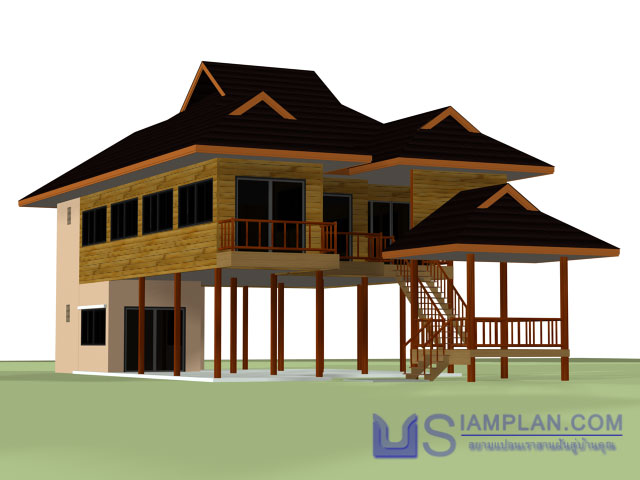 © siamplan.com แบบบ้านไม้ใบบัง (รหัส SF001) บ้านไม้สองชั้น 3 ห้องนอน, 3 ห้องน้ำ พื้นที่ใช้ซอย 265 ตารางเมตร